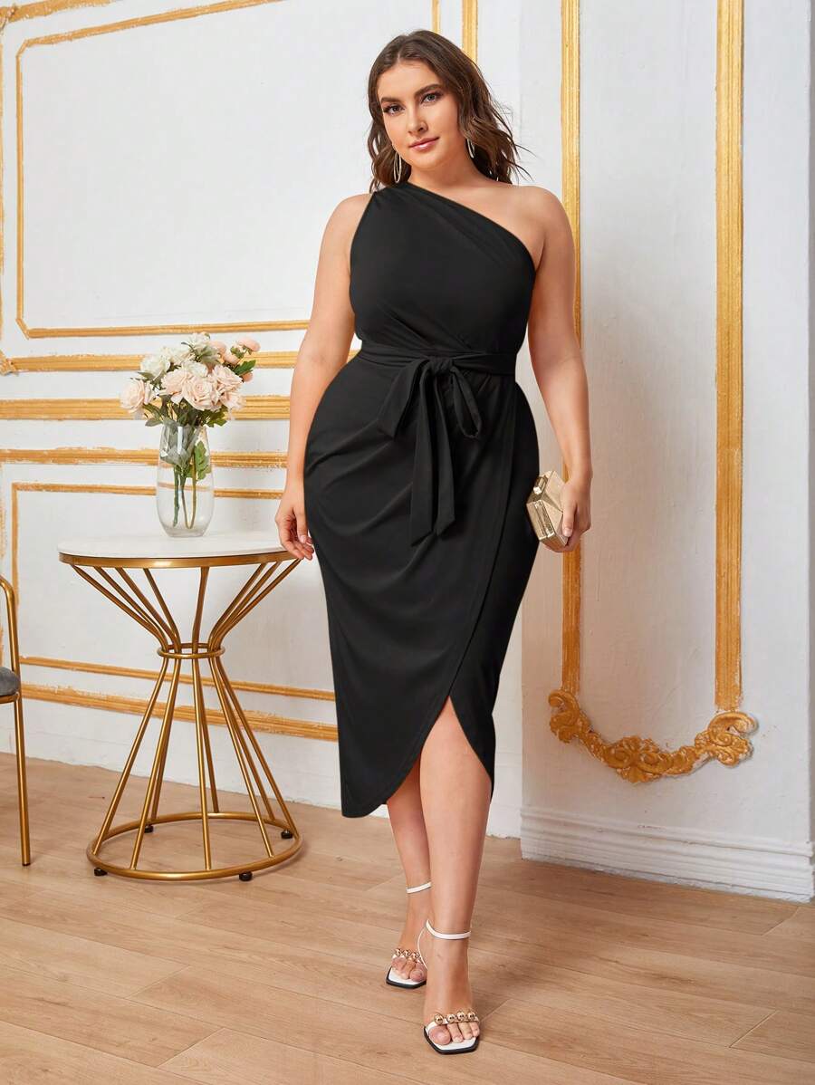 Modelyn Plus Size One Shoulder Waist Cinched Casual Dress, Wedding Guest Dress Long Evening Dresses
