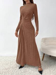 SHEIN Privé Solid Color Ribbed Pleated Waist Wrap Dress