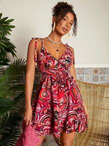 Travachic Holiday Paisley Print Spaghetti Strap Dress - Red - View 6