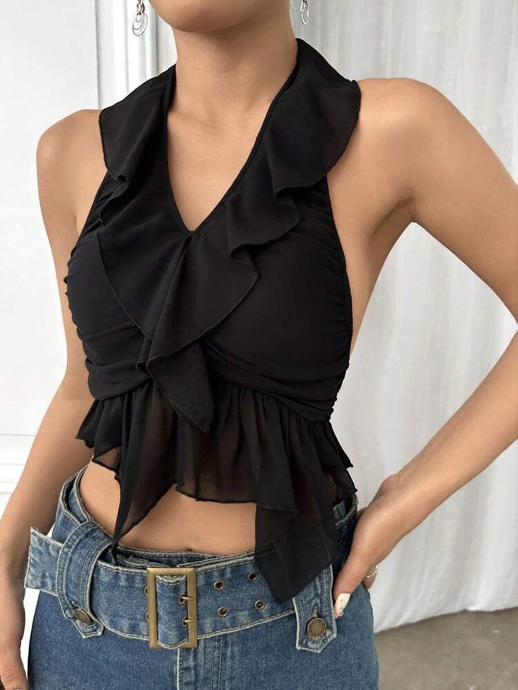 Women's Splice Halter Neck Tie Back Tank Top With Ruffle Hem