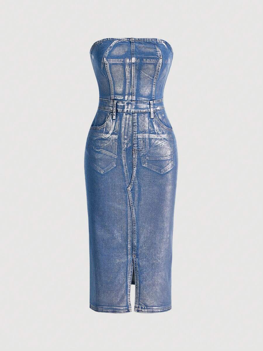 SHEIN ICON Sexy Mid-Length Stretchy Women'S Denim Strapless Dress