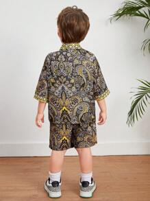 SHEIN 2pcs/Set Young Boys' Casual College Style Soft Retro Full Floral Print Short Sleeve Shirt And Shorts, Suitable For Spring, Summer And Autumn - Brown - View 3