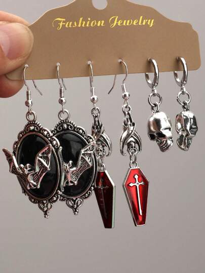 Goth 6pcs Bat Cross Shaped Earrings Set (Without Card), Halloween