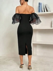 Rafferiza Vestido De Hombros Descubiertos De Color Sólido Con Dobladillo De Volante - Negro - Ver 2