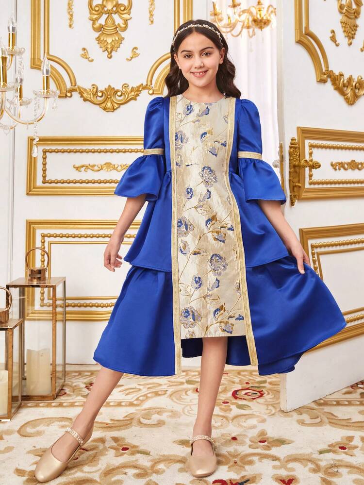 Tween Girl Floral Jacquard Color Block Crew Neck Flare Sleeve Dress