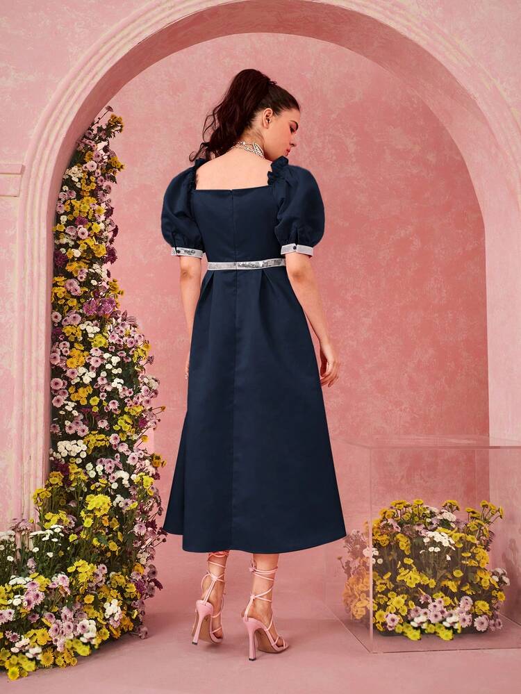 Patchwork Sequin Detail Square Neckline Cinched Waist Puff Sleeve Dress Long Evening Dresses