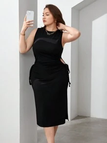 SHEIN Essnce 大尺碼女款鏤空腰部無袖連身裙 - 黑色 - 查看 1