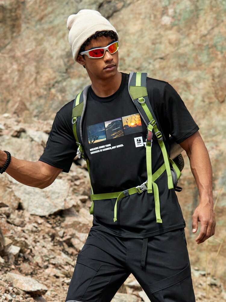 Men's Outdoor T-Shirt With Landscape & Slogan Print