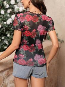 SHEIN Clasi In Hoa hồng Nhìn Xuyên thấu Ngắn tay Áo Quốc gia Buổi hòa nhạc Liên hoan âm nhạc NỮ T Áo sơ mi - Nhiều màu - Xem 2