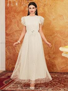 Modelyn Đầm dạ hội dài không tay lưới xếp nếp màu trơn cho nữ - Màu be - Xem 7