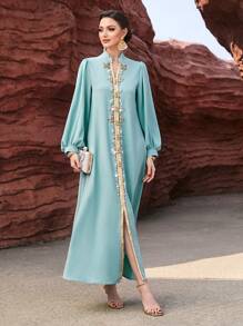 Al Najma Colorblock Woven Belt & Beaded Detail Notch Neck Slit Hem Dress