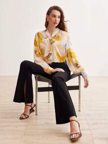 MOTF PREMIUM Silke Blommigt Mönster Binda Hals Blusar - Multifärgad - Visa 7