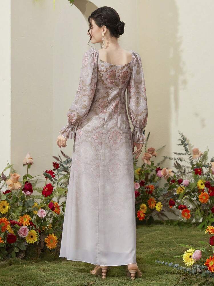 Floral Printed Sweetheart Neckline Ruffle Hem A-Line Dress Long Evening Dresses