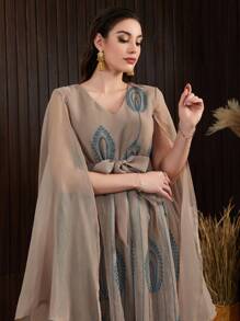 Al Najma Loose-Fit Embroidered Leaf Pattern V-Neck Cape Sleeve Dress - Khaki - View 4