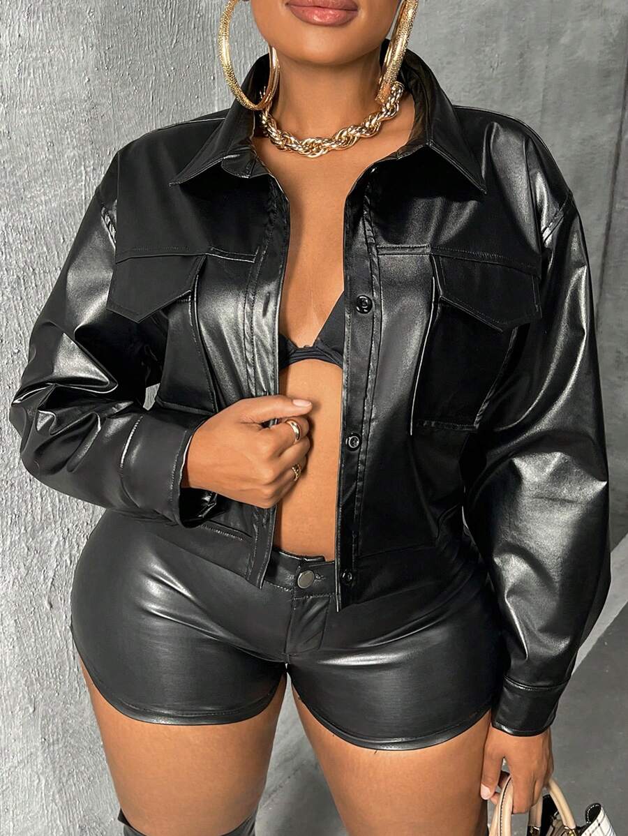 Slaydiva Plus Flap Pocket Drop Shoulder PU Leather Jacket Winter Fall Autumn - Black - View 1