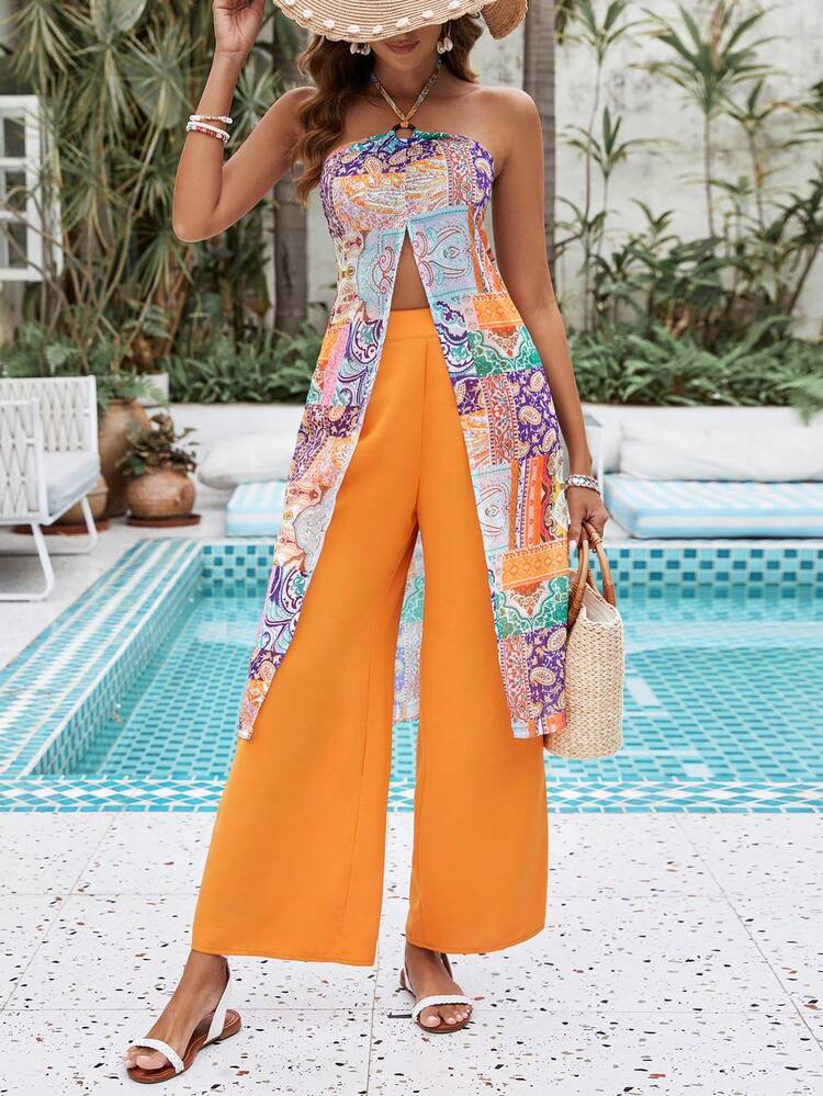 Patchwork Print Halter Neck Top And Solid Color Wide Leg Pants Two Pieces Set