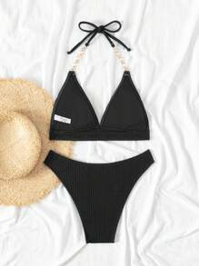 SHEIN Swim Summer Beach Women's Halter Chain Decoration Bikini Set - Black - View 8