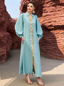 Al Najma Colorblock Woven Belt & Beaded Detail Notch Neck Slit Hem Dress