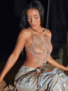 SHEIN BAE Solid Color Fringed Top With Rhinestone & Gem Decoration For Spring/Summer Party, Date Night, Music Festival And Nightclub Outfits - Silver - View 5