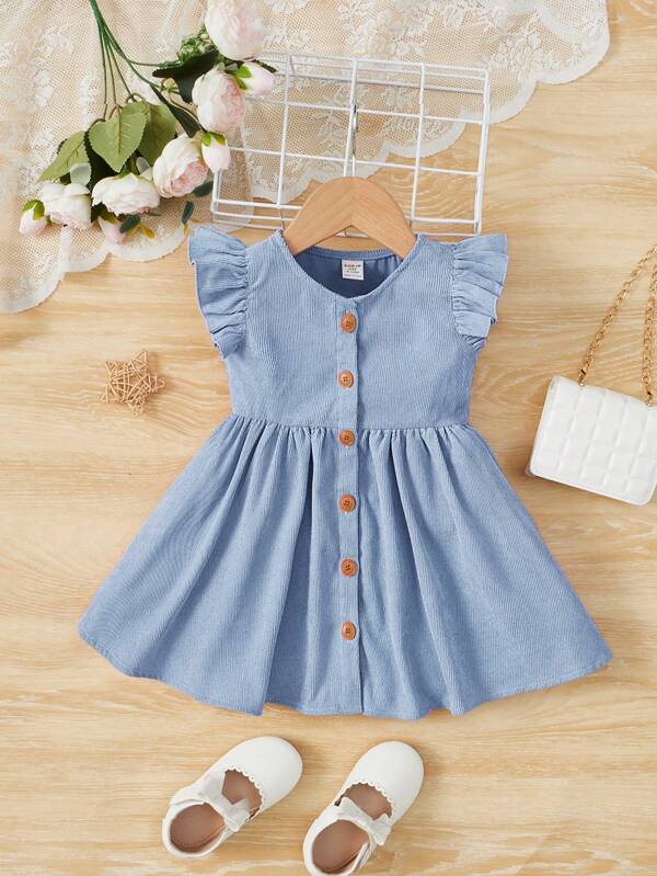 SHEIN Baby Girl Lovely Cap Sleeve Dress With Single Breasted