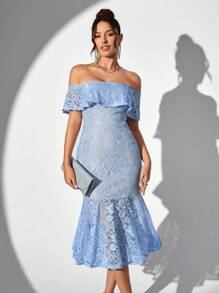 SHEIN Belle 露肩、蕾絲面料、修身美人魚裙 - 淺藍色 - 查看 1