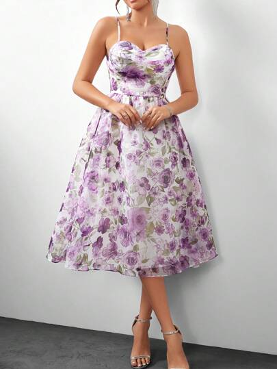 SHEIN Belle Romantic And Elegant Feminine Chiffon Floral Print Pleated Embellished Spaghetti Straps High Waist A-Line Umbrella Hem Fluffy Princess Style Holiday Season Music Festival Easter Back To School Season Graduation Season Prom Afternoon Tea Date Party Cocktail Party Dress, Semi Formal Dress Wedding Guest Dress, For Birthday, Homecoming