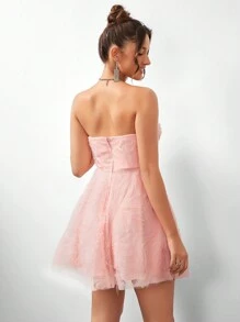 SHEIN Belle 浪漫的3d花卉布料,無肩帶蓬松女式雞尾酒派對裙 - 粉色 - 查看 7