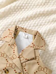 SHEIN Elladie kids 女童蝴蝶结印花领无袖上衣和百褶裙 - 棕色 - 查看 5