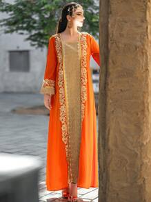 Layrah Lace Applique Square Neck Heavy Kaftan, Modest Long Sleeve Arabian Dress