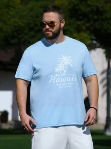 Manfinity RSRT 男士加大號字樣和棕櫚樹印花短袖t恤 - 淺藍色 - 查看 3