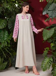 Al Najma 宽松版型叶子拼布印花连衣裙，锁孔领口，端庄大方 - 杏色 - 查看 8