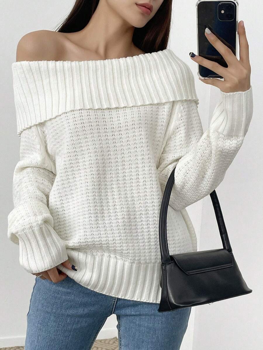 DAZY Áo len dệt kim trễ vai thanh lịch dành cho nữ, mùa thu/đông - trắng - Xem 1