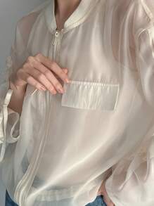 FRIFUL Ladies' Drawstring Long Sleeve Sheer Baseball Collar Jacket,Fall Women Clothes