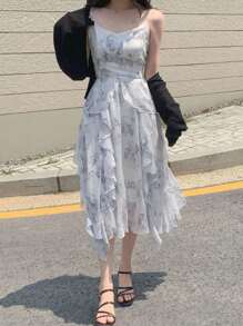 DAZY Damen elegantes Sommerkleid mit floraler Bedruckung, geraffter Taille und Rüschensaum an den Trägern, Lässig Damenkleid