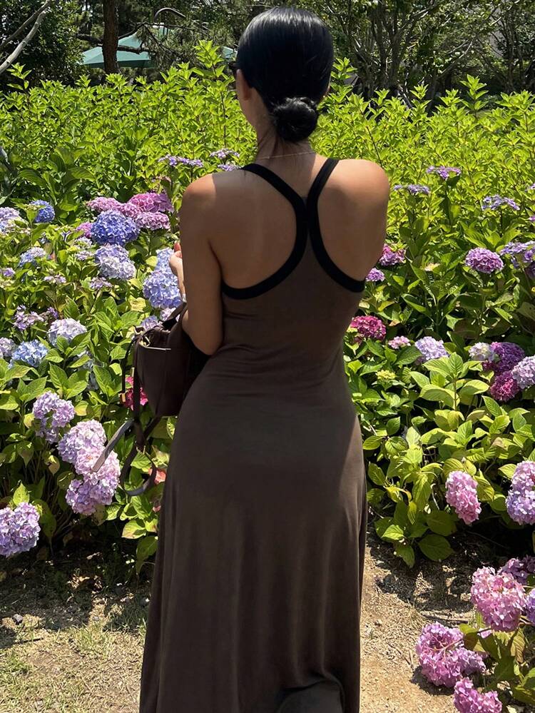 Color Block Wrap & Slit Back Combined Long Dress Summer Sundress