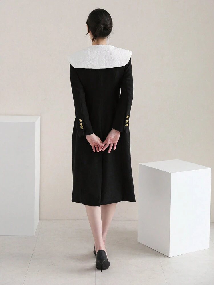 Women's Colorblock Double Breasted Turn Down Collar Dress,Fall Dress Long Sleeve Dress Maxi Dress