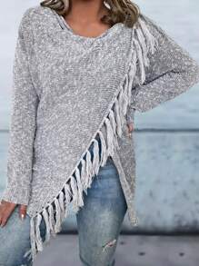 SHEIN LUNE Plus Fringe Trim Asymmetrical Hem Cardigan - Light Grey - View 4