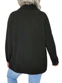 SHEIN LUNE Plus Drop Shoulder Pocket Patched Corduroy Shirt - Black - View 2