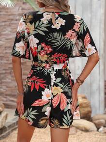 SHEIN Holidaya Tropical Print Butterfly Sleeve Belted Romper - Multicolor - View 2