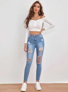 SHEIN Essnce Jeans ajustados de talle alto roto bajo crudo - Lavado ligero - Ver 4