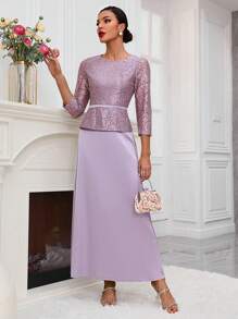 SHEIN Belle Vestido Con Cuello Redondo, Panel De Encaje Y Unión