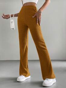 SHEIN EZwear Retro Style Brown Elastic Waist Flare Leg Pants