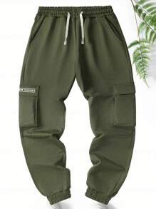 Pantalones de chándal de moda para hombres nuevos, con diseño personalizado de letras impresas, múltiples bolsillos y cintura con cordón para la primavera y el otoño - Verde militar - Ver 3