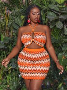 Slaydiva Women's Plus Size 2pcs/Set Vacation Casual Striped Halter Neck Crop Top And Skirt With Wave Pattern