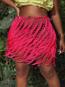 Slaydiva Plus Size Women's Fringed Hollow Out Knit Skirt