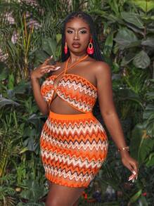 Slaydiva Women's Plus Size 2pcs/Set Vacation Casual Striped Halter Neck Crop Top And Skirt With Wave Pattern
