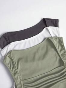 Sweetra 夏季純色方領褶皺坦克上衣 - 軍綠色 - 查看 5