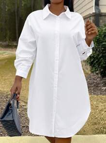 Inoviana Plus Solid Button Front Shirt Dress Fall Cloth For Women