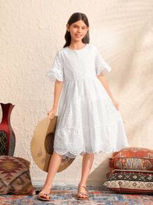 SHEIN Tween Girls' Knitted Hollow Out Embroidered Round Neck Loose Casual Dress - White - View 5