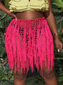 Slaydiva Plus Size Women's Fringed Hollow Out Knit Skirt